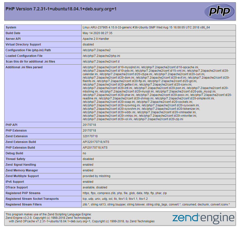 Phpinfo page